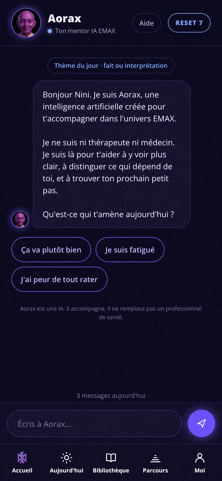 Écran Un accompagnement par IA de l’application EMAX