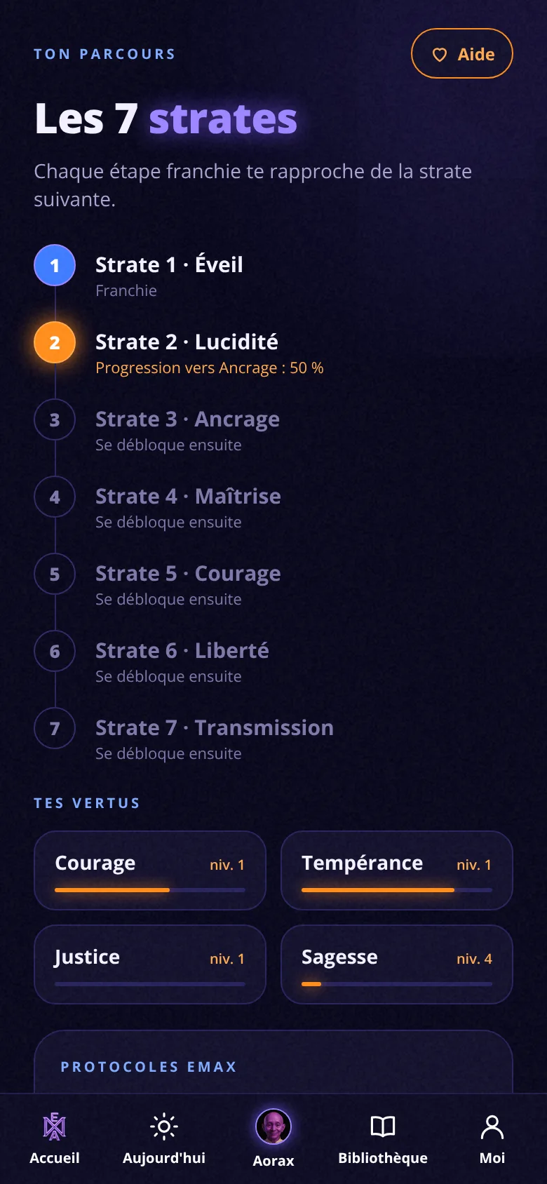 Écran Les 7 strates de l’application EMAX