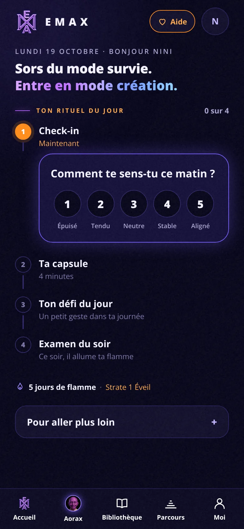 Écran Ton rituel du jour de l’application EMAX